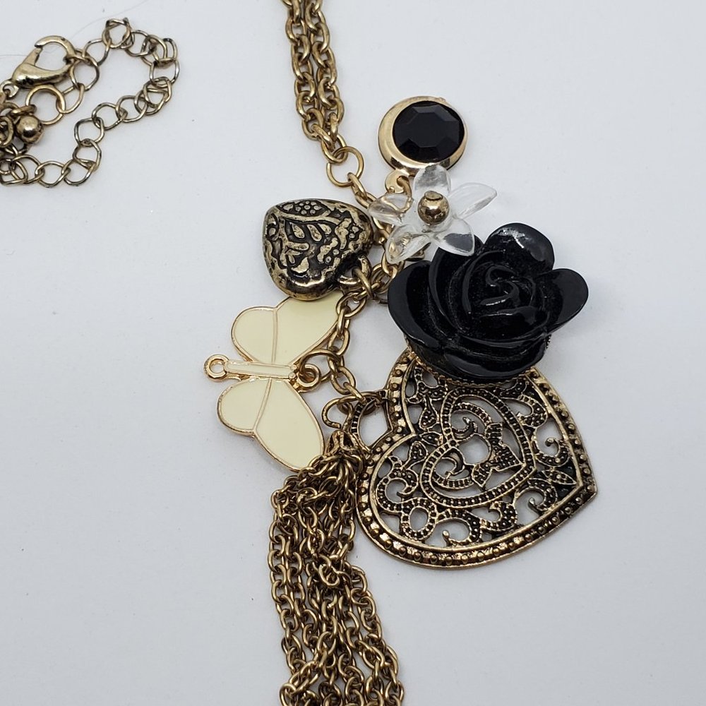 Long Bronze Tone Necklace Heart Flower Butterfly